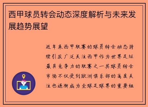 西甲球员转会动态深度解析与未来发展趋势展望